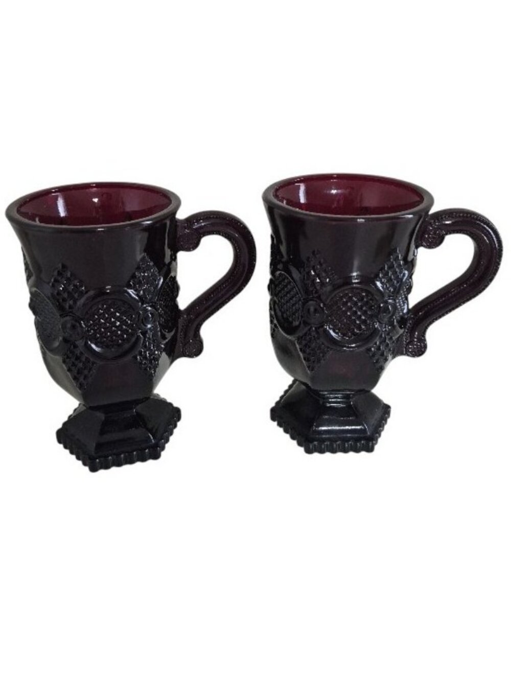 Avon Cape Cod Ruby Red Footed 2 Mug Set -6 oz - 1876 Collection Pedestal Glass
